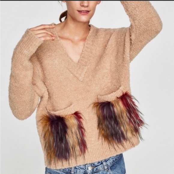 Zara Sweaters - ZARA Teddy Furry Pocket V neck Statement Sweater large